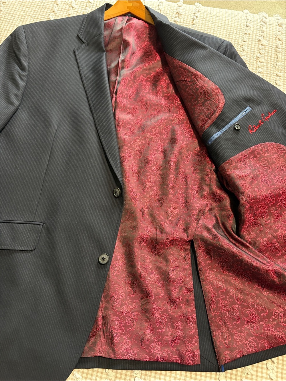 Robert Graham Black Pinstripe Jacket with Red Paisley Lining